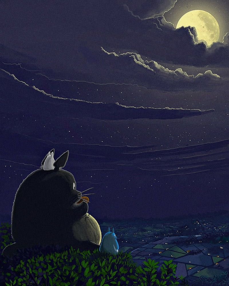 Totoro, anime, hayao miyazaki, moon, my neighbor totoro, night, studio ghibli, HD phone wallpaper