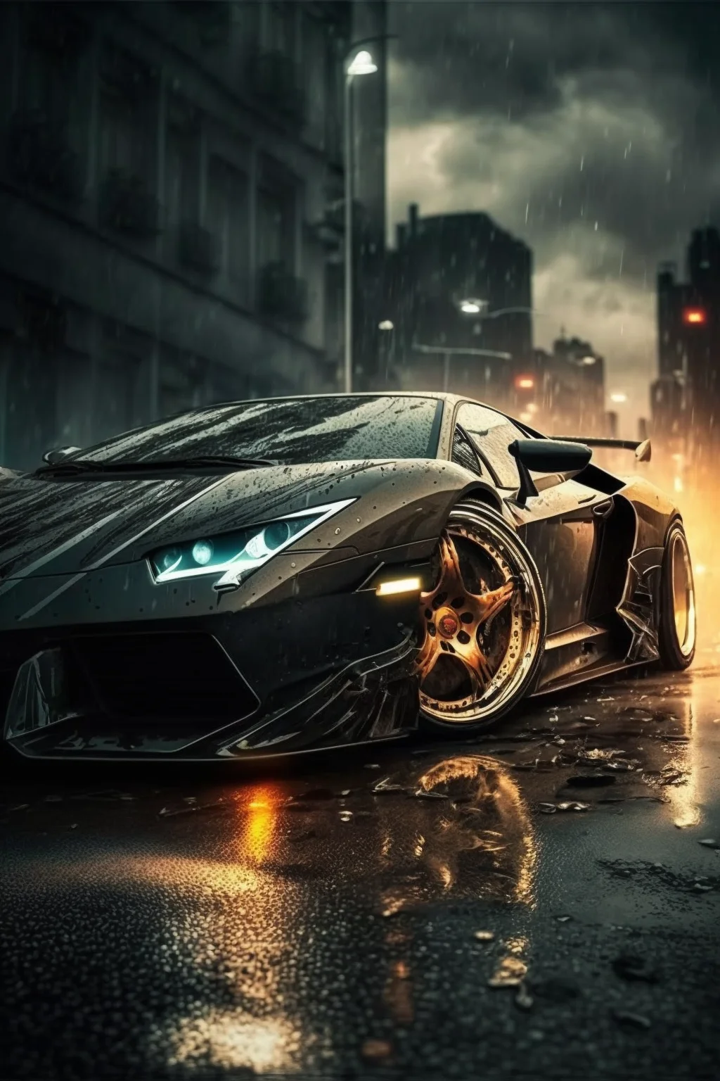 A Lamborghini Aventador in the rain on a city street - Cars