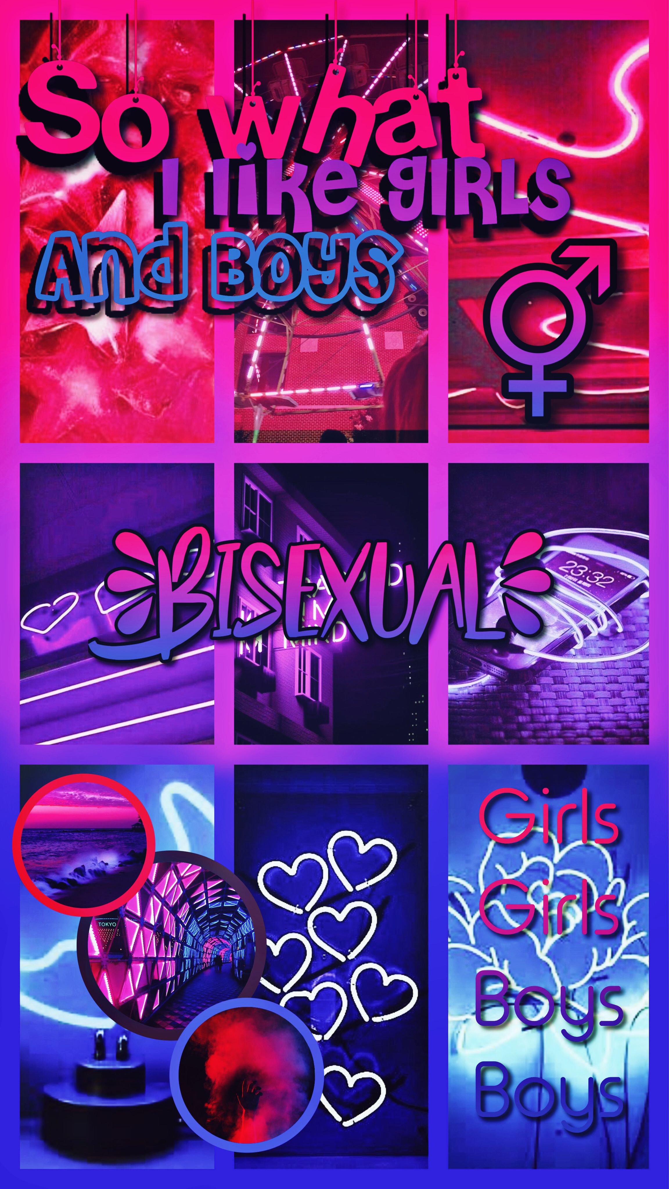 A collage of pink and blue neon signs that read 