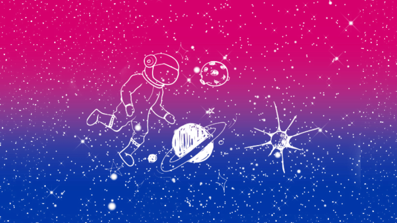 Astronaut in space playing soccer with planets and stars. - Bisexual