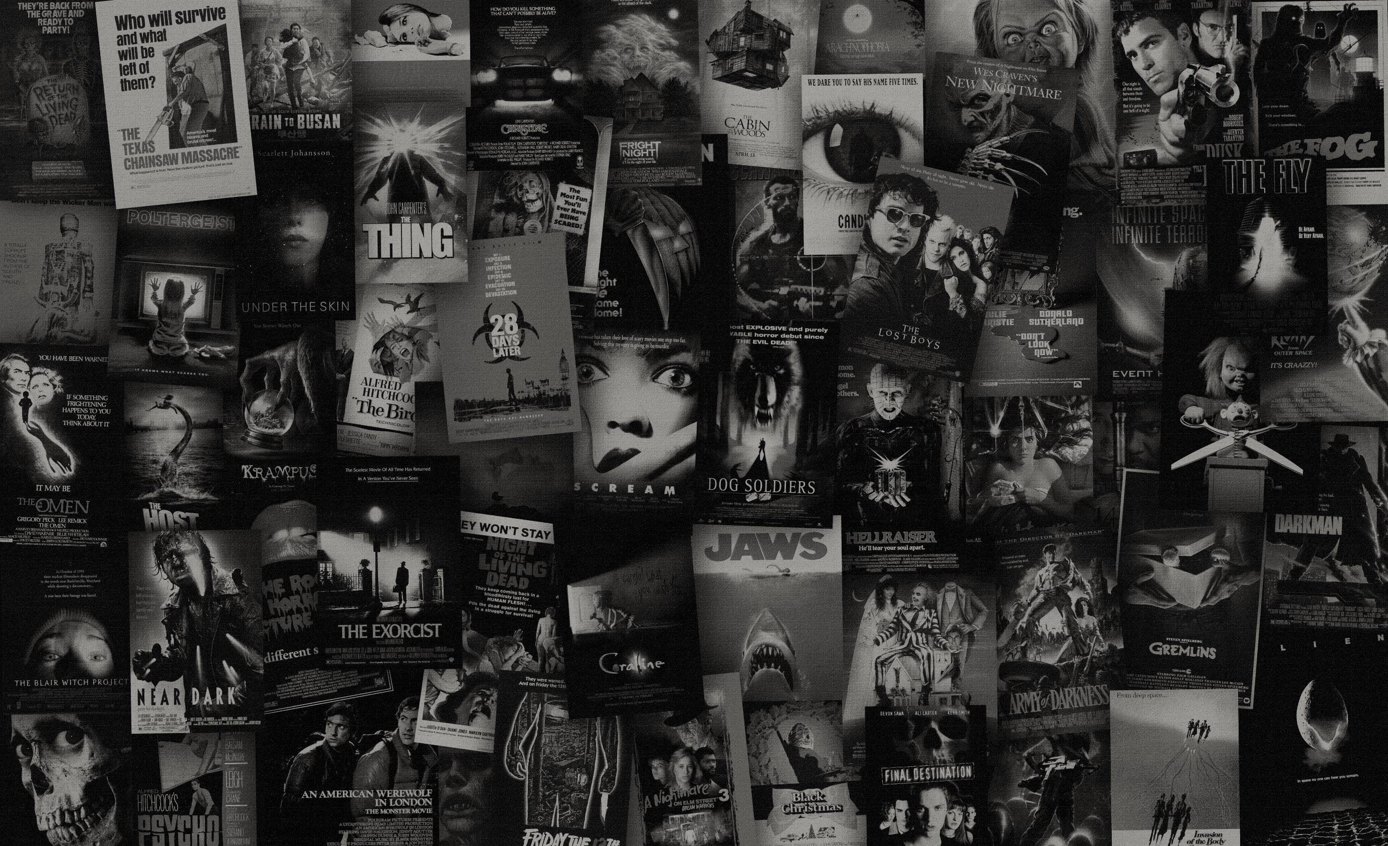 A wall of movie posters, in black and white. - Horror