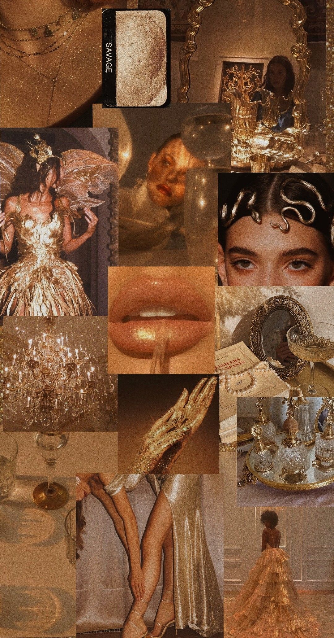 Aesthetic collage of gold and brown images including lips, dresses, and jewelry - Gold