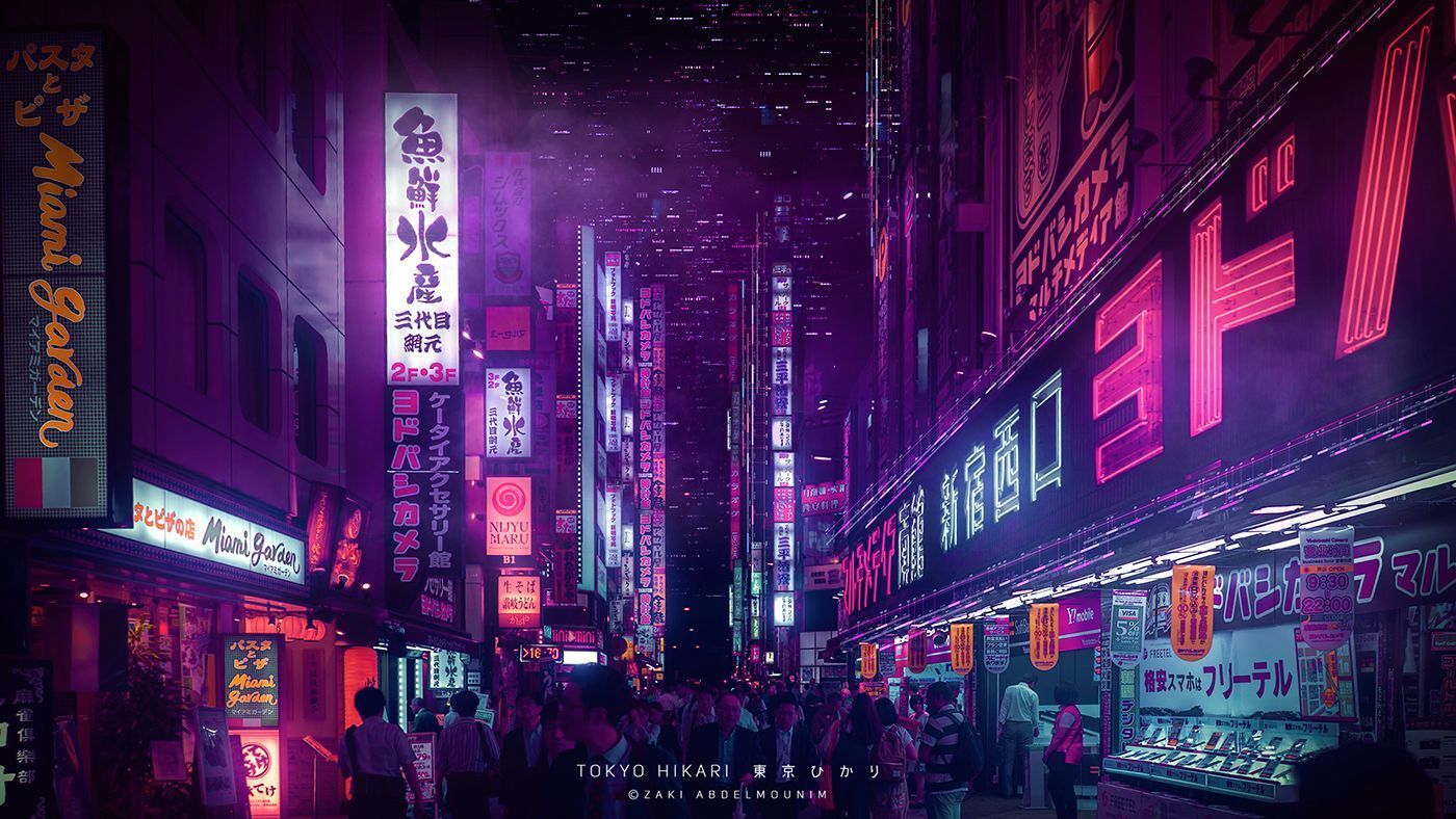 A city street with neon lights and people walking - Tokyo