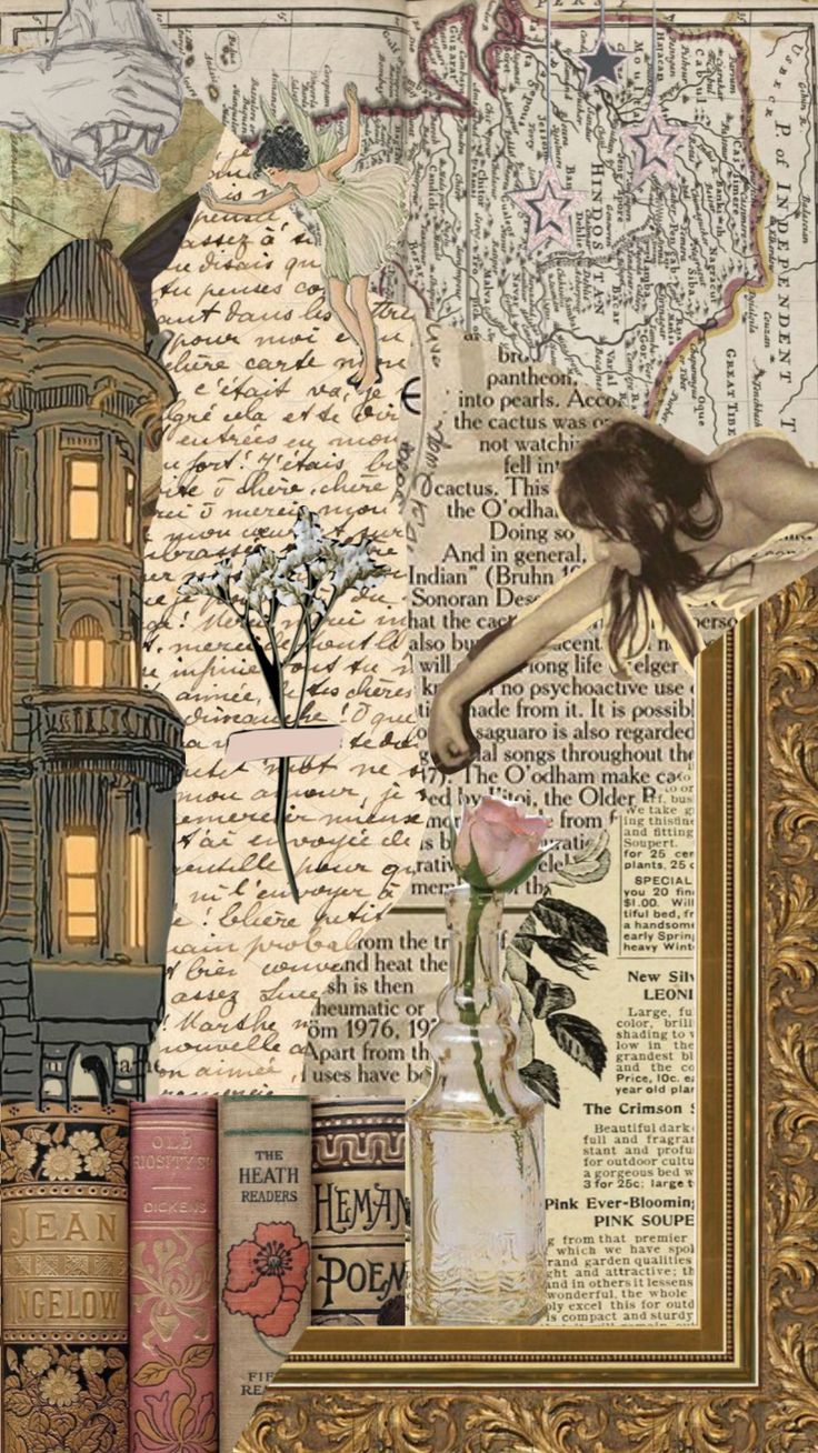 Collage of a woman, flowers, books, and a map. - Victorian