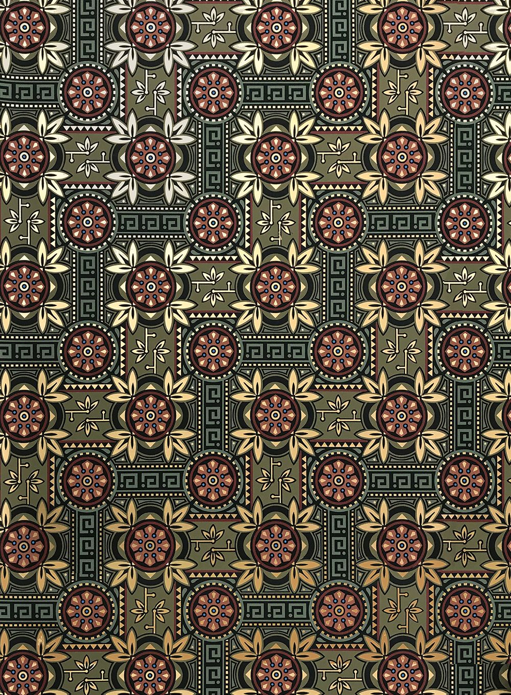 A pattern of green, brown and white depicting circles and leaves - Victorian