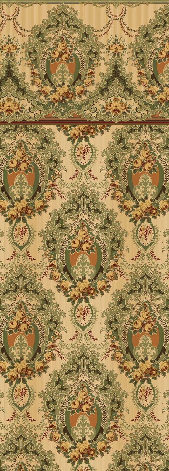 A green and beige patterned fabric with an ornate design. - Victorian