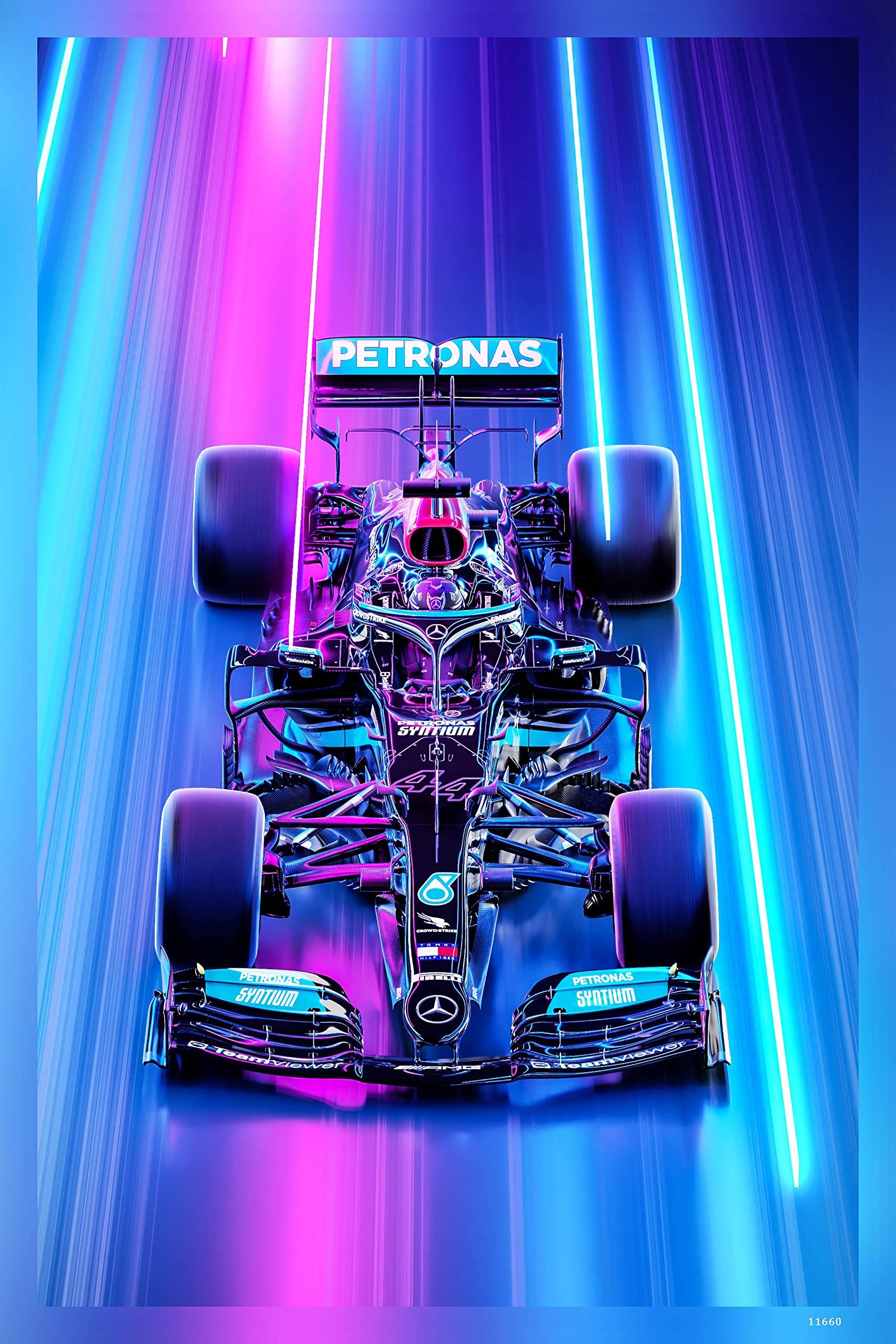 A digital artwork of the 2021 Mercedes F1 car in a purple and blue environment - Lewis Hamilton