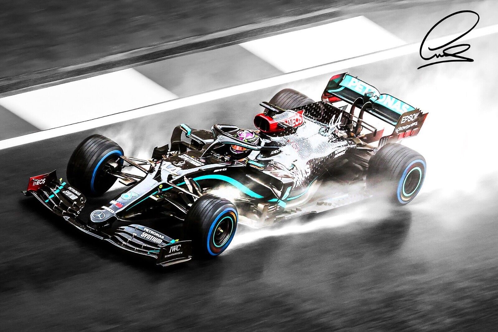 A Mercedes Formula 1 car driving on a track - Lewis Hamilton