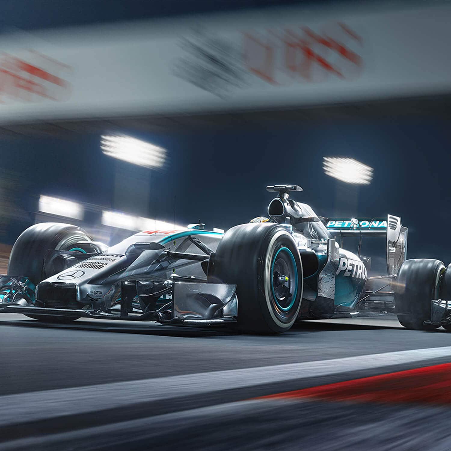 A silver and blue formula one car on a track - Lewis Hamilton