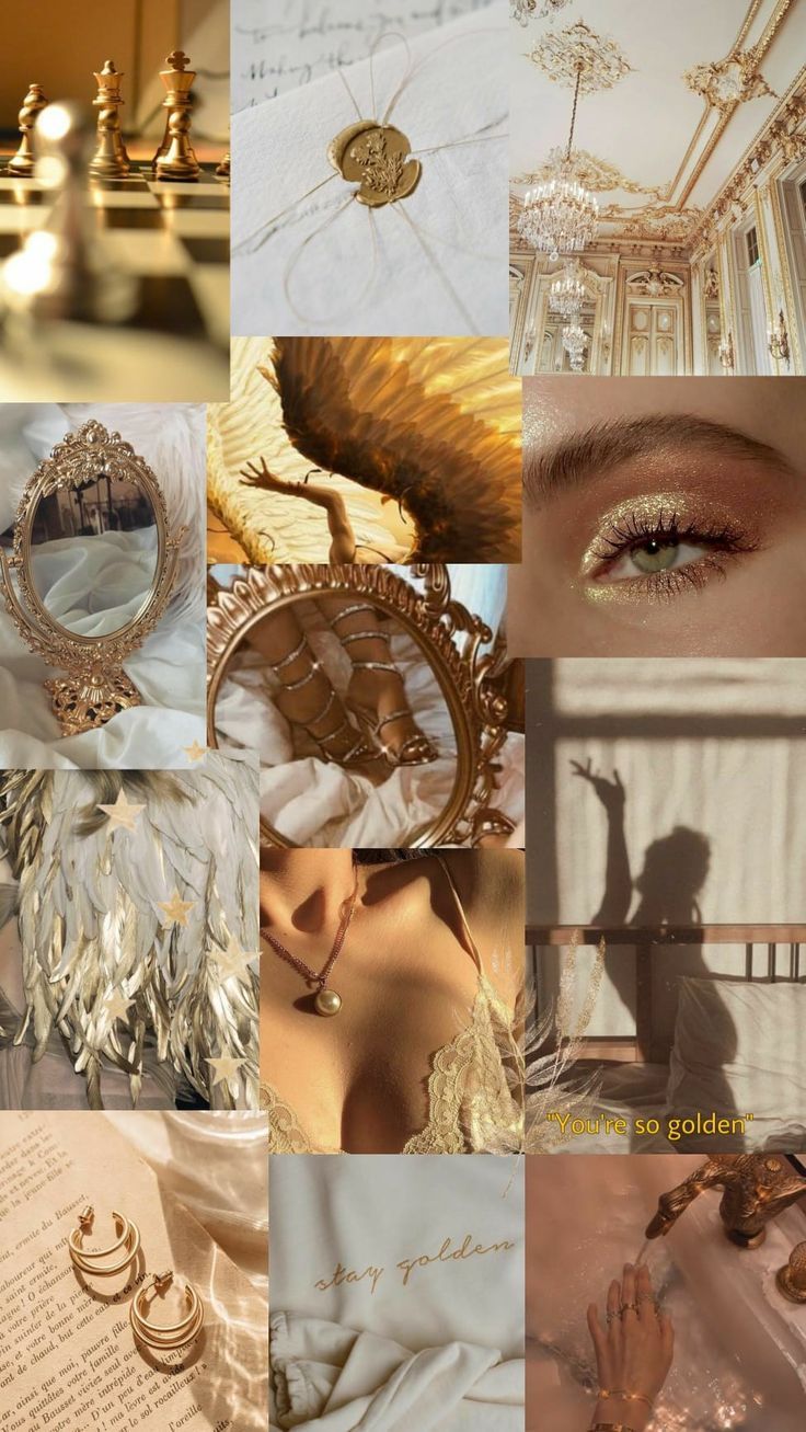 Aesthetic collage of gold and white images, including a clock, a chandelier, and a close-up of a woman's eye with gold eyeshadow. - Gold
