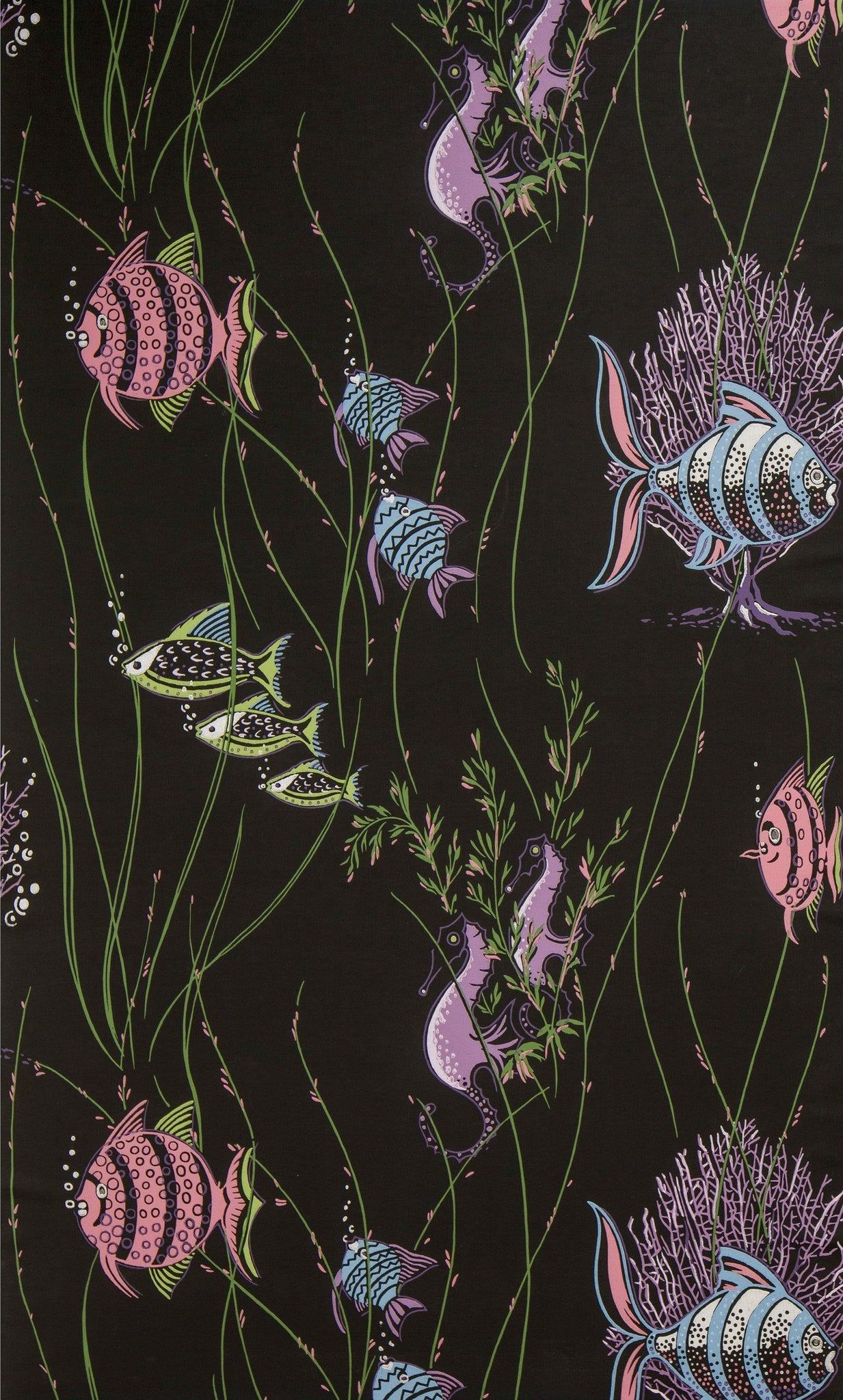 A fabric swatch with a black background and multicolored fish and seaweed print - Fish