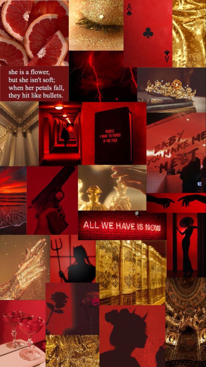 A collage of pictures with red and gold - Gold