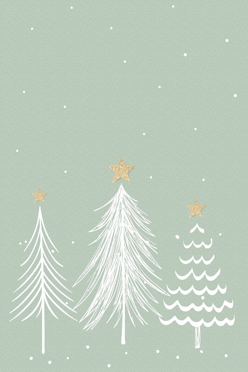 Three white illustrated Christmas trees on a green background - White Christmas