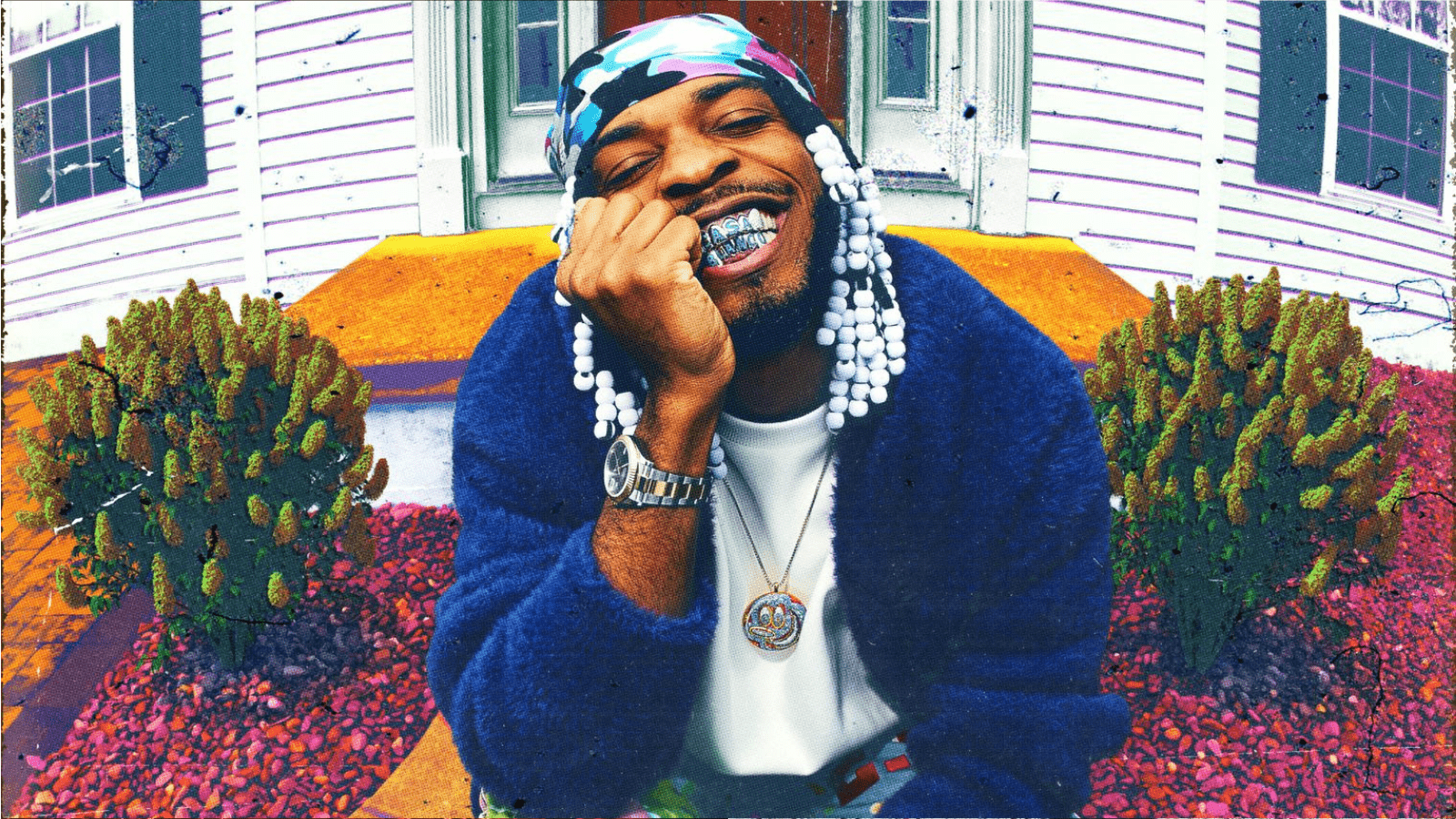 A smiling, beaded young man sits on a stoop in front of a purple house. - Pop Smoke