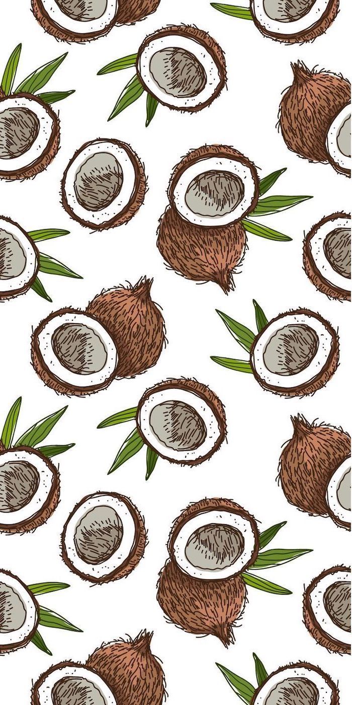 colored drawing, of sliced coconuts, cute phone background, white background. Background phone wallpaper, Colorful drawings, Cute wallpaper