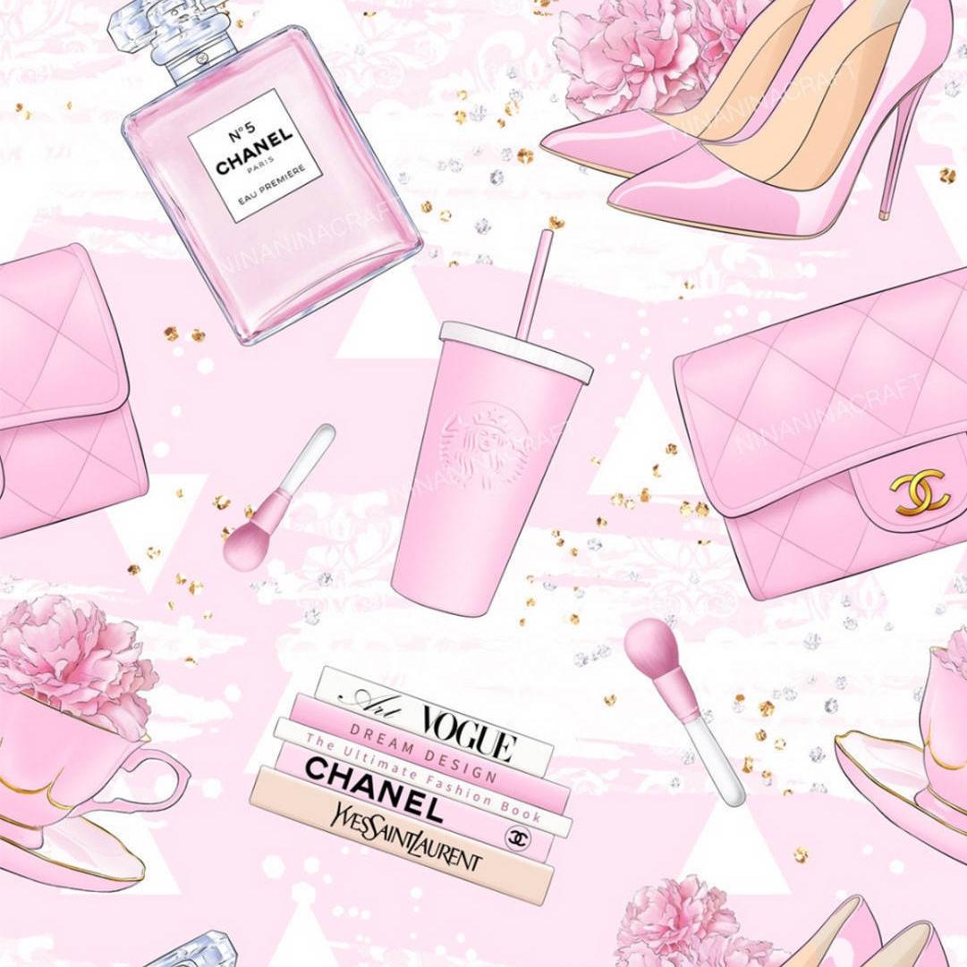 Aesthetic pink wallpaper with Chanel products and accessories. - Vogue