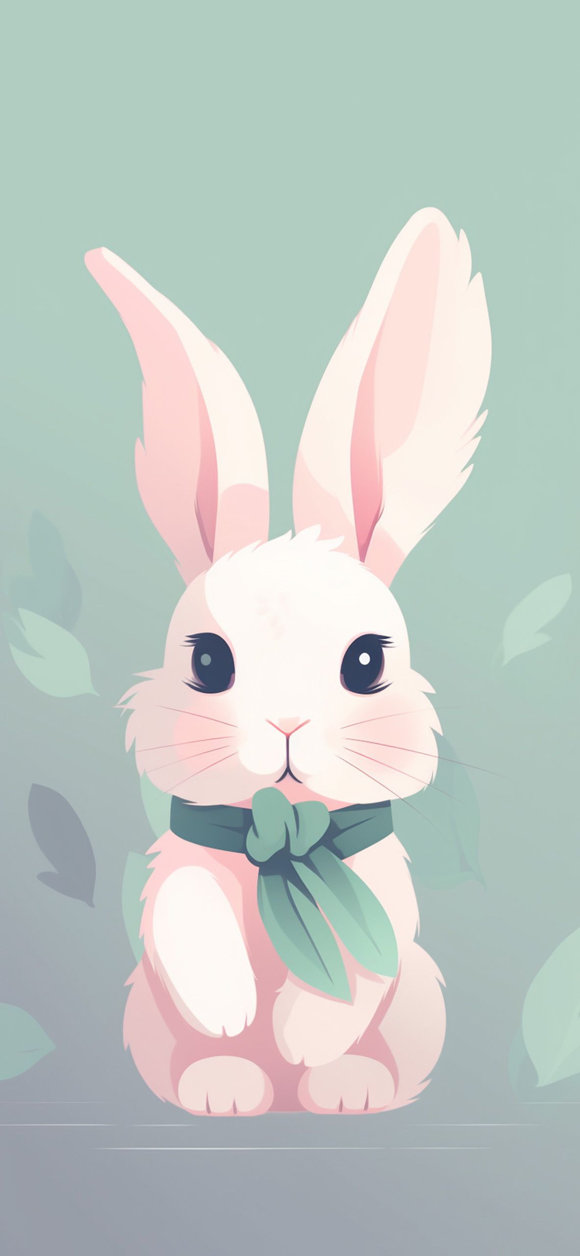 A white rabbit with a green bow sitting on a gray rock. - Cute iPhone