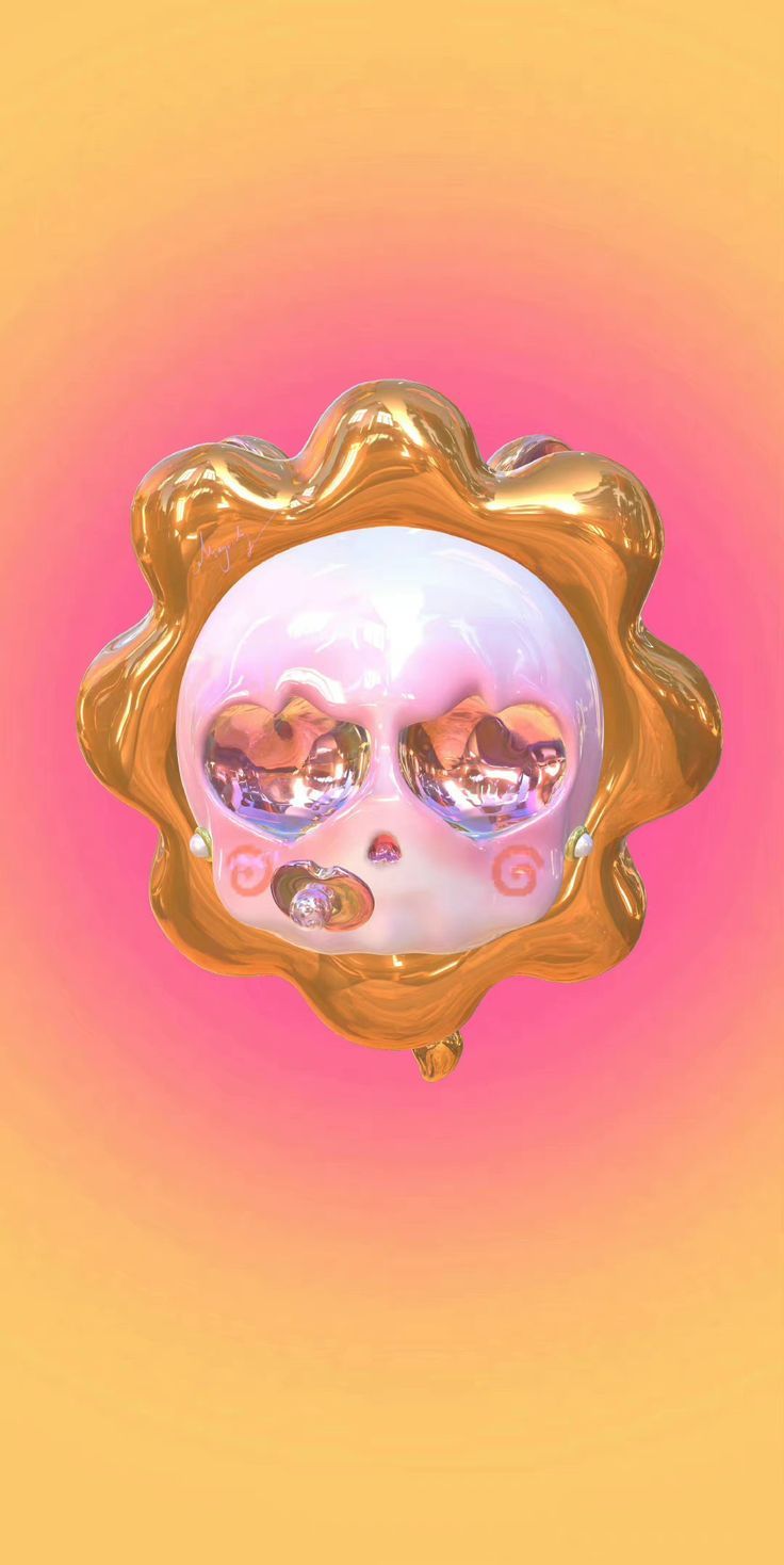 A 3D sun character with a pink face and gold frame on a pink and yellow gradient background - Slime