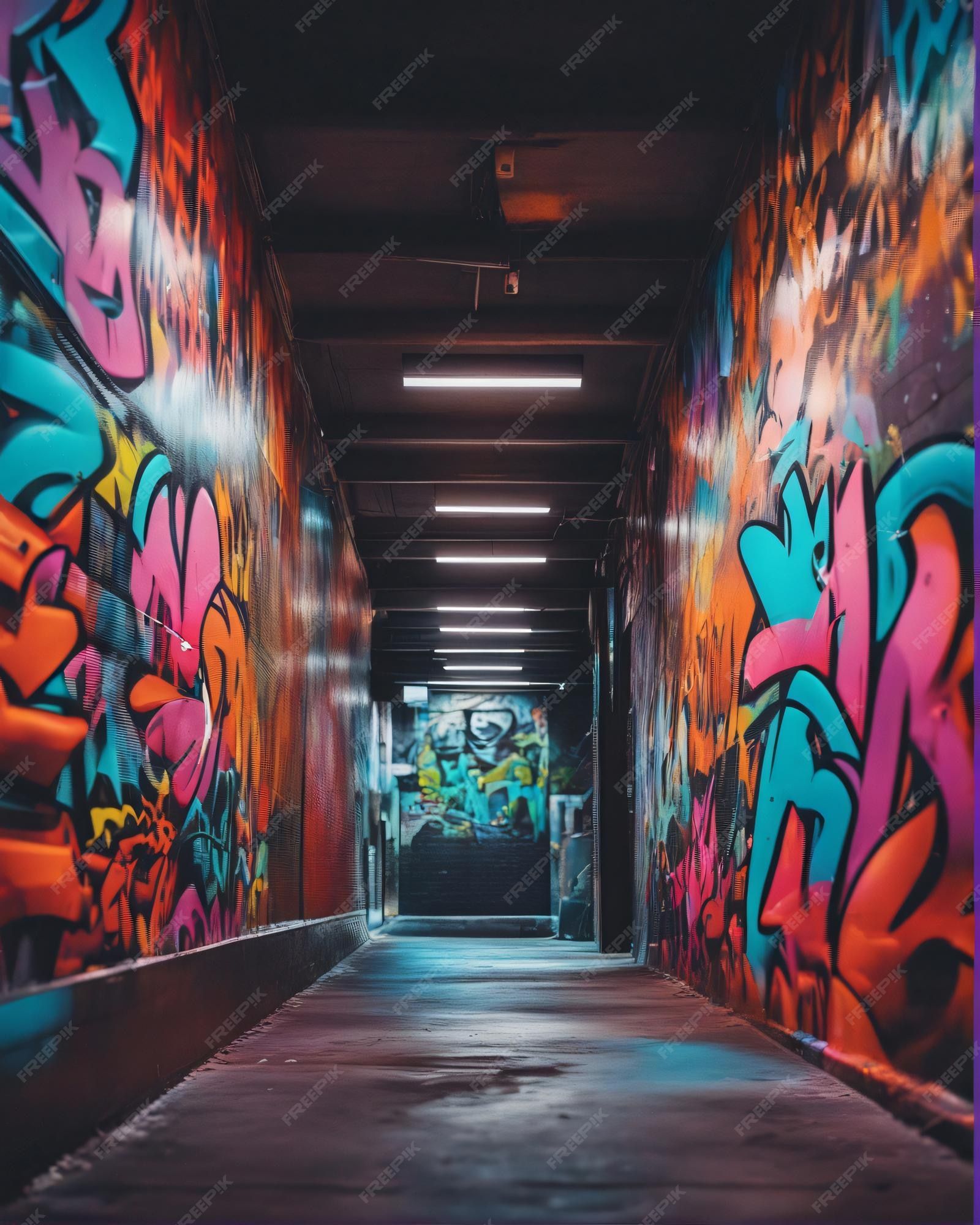 A dark alleyway with colorful graffiti on the walls - Graffiti