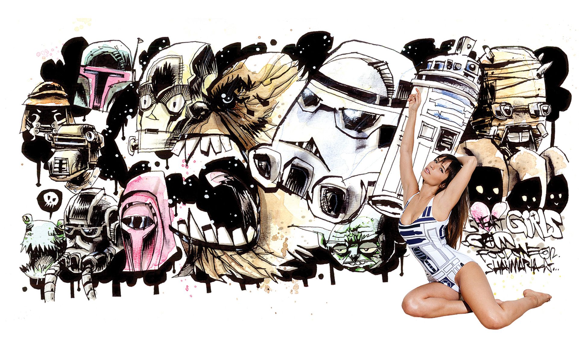 A digital artwork of a woman in a swimsuit sitting on the ground in front of a wall of Star Wars characters. - Graffiti