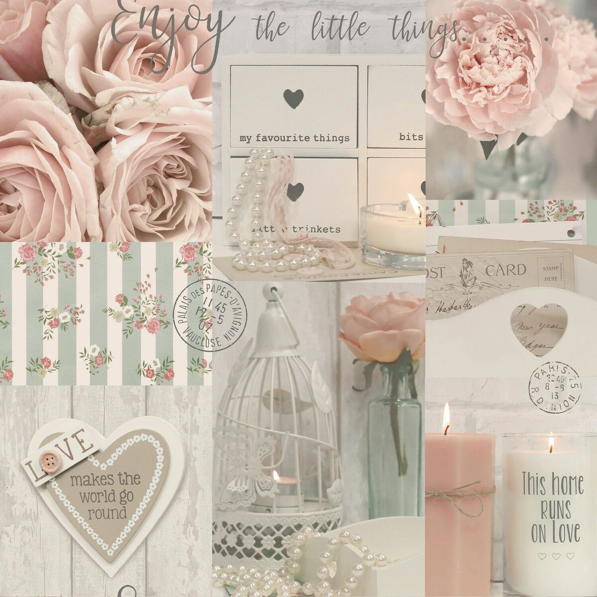 A collage of shabby chic style items including candles, roses and a birdcage - Coquette