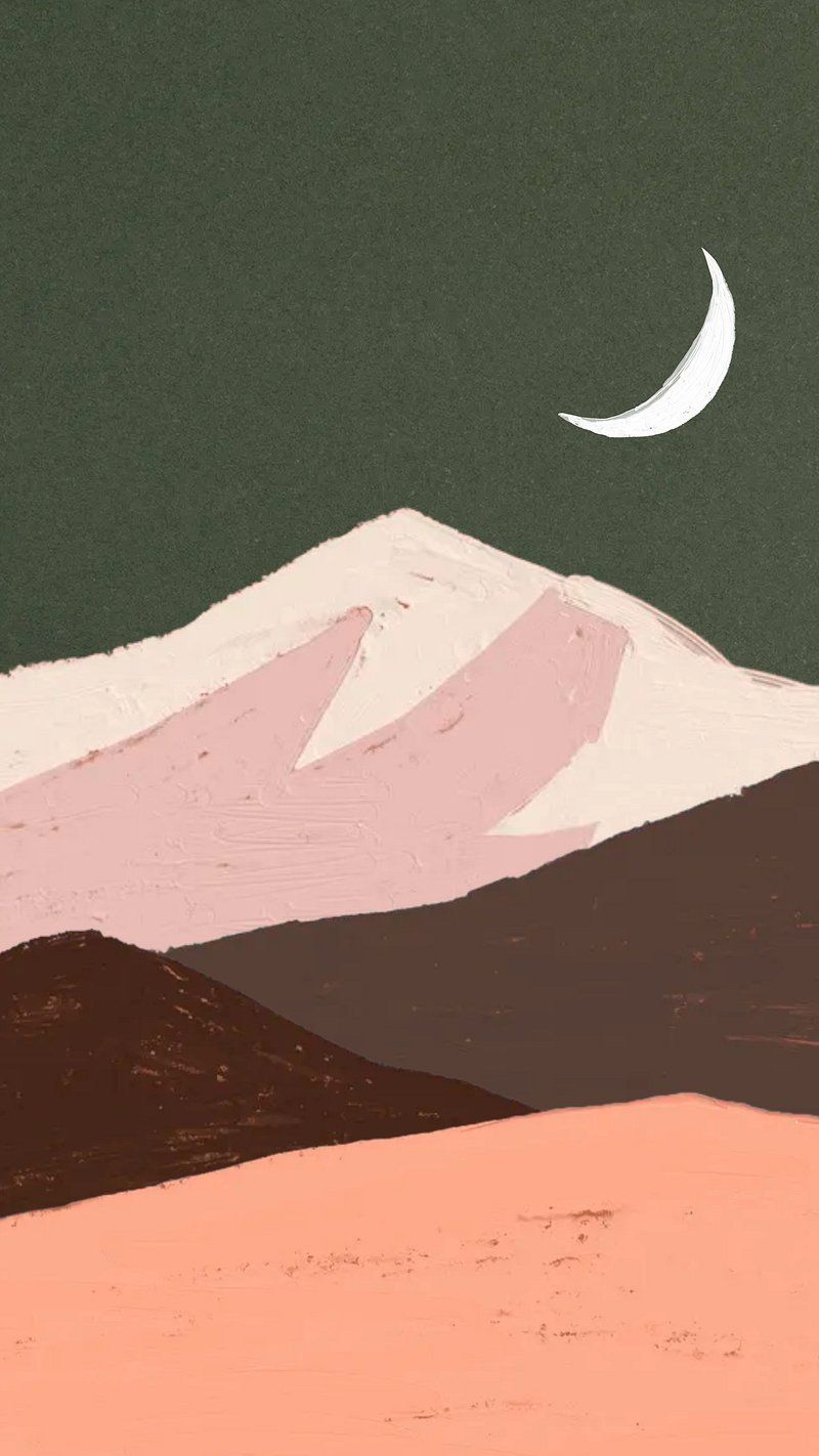 A graphic of a mountain range with a crescent moon above - Desert