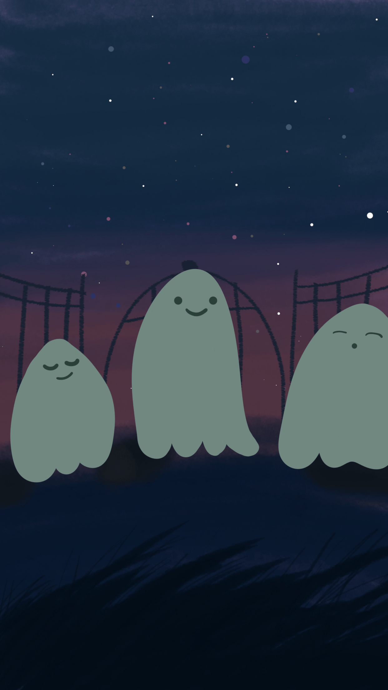 A group of three friendly looking ghosts floating in the night sky. - Ghost