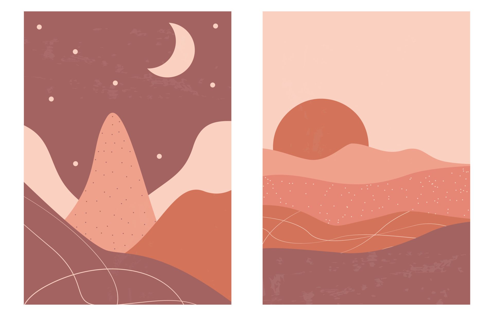 Set of trendy minimalist landscape. Boho poster collection mountains, sunset, moon.landscape scenes. Design for social media, wallpaper, postcards, prints