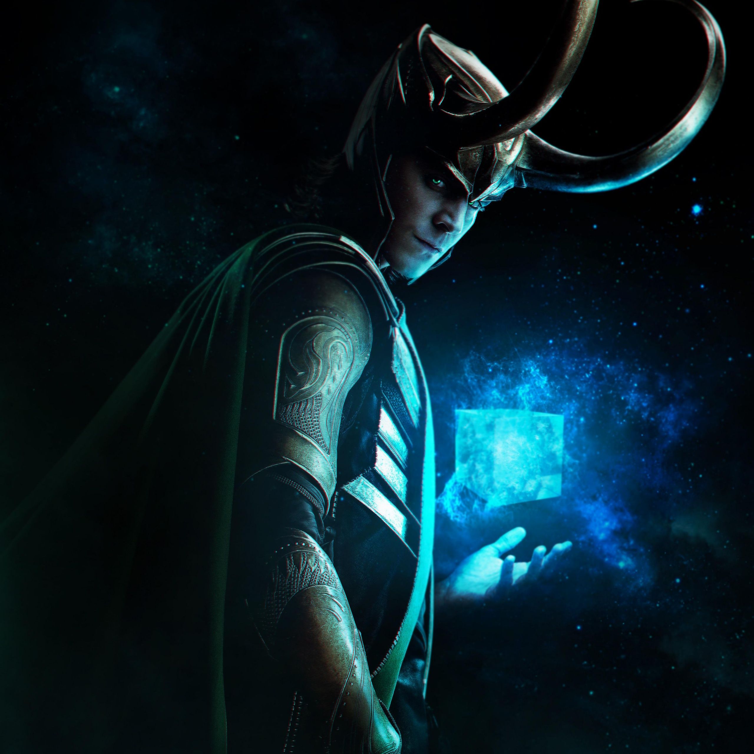 A digital painting of the character Loki from the Marvel Cinematic Universe, holding a cube of blue energy. - Loki