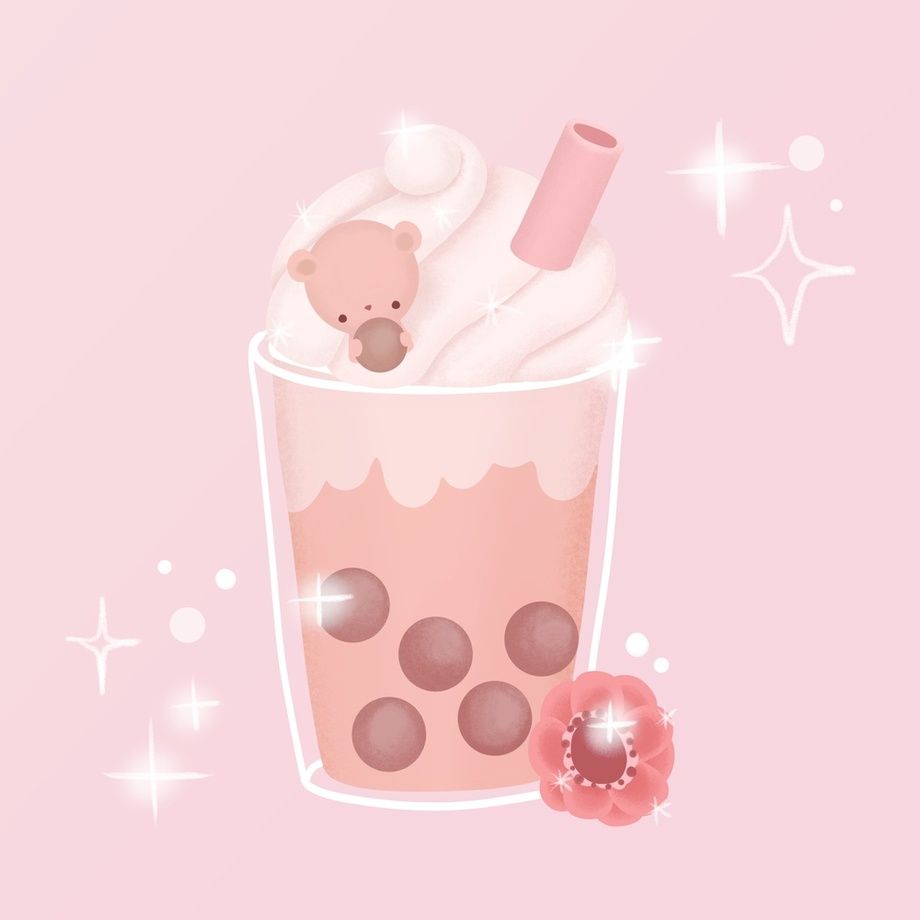 A pink background with a cup of boba tea with a bear on top - Boba
