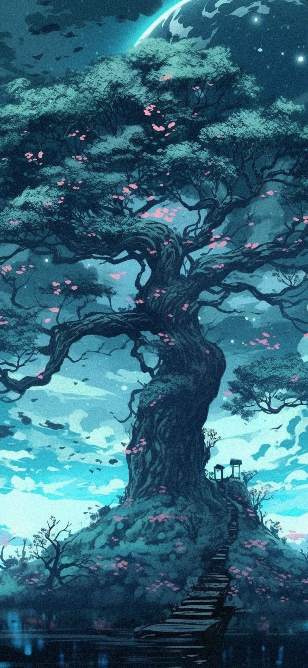 Anime tree, a tree in the anime style, beautiful tree, fantasy tree, tree in the night, anime scenery, anime wallpaper, wallpaper, phone wallpaper - Beautiful