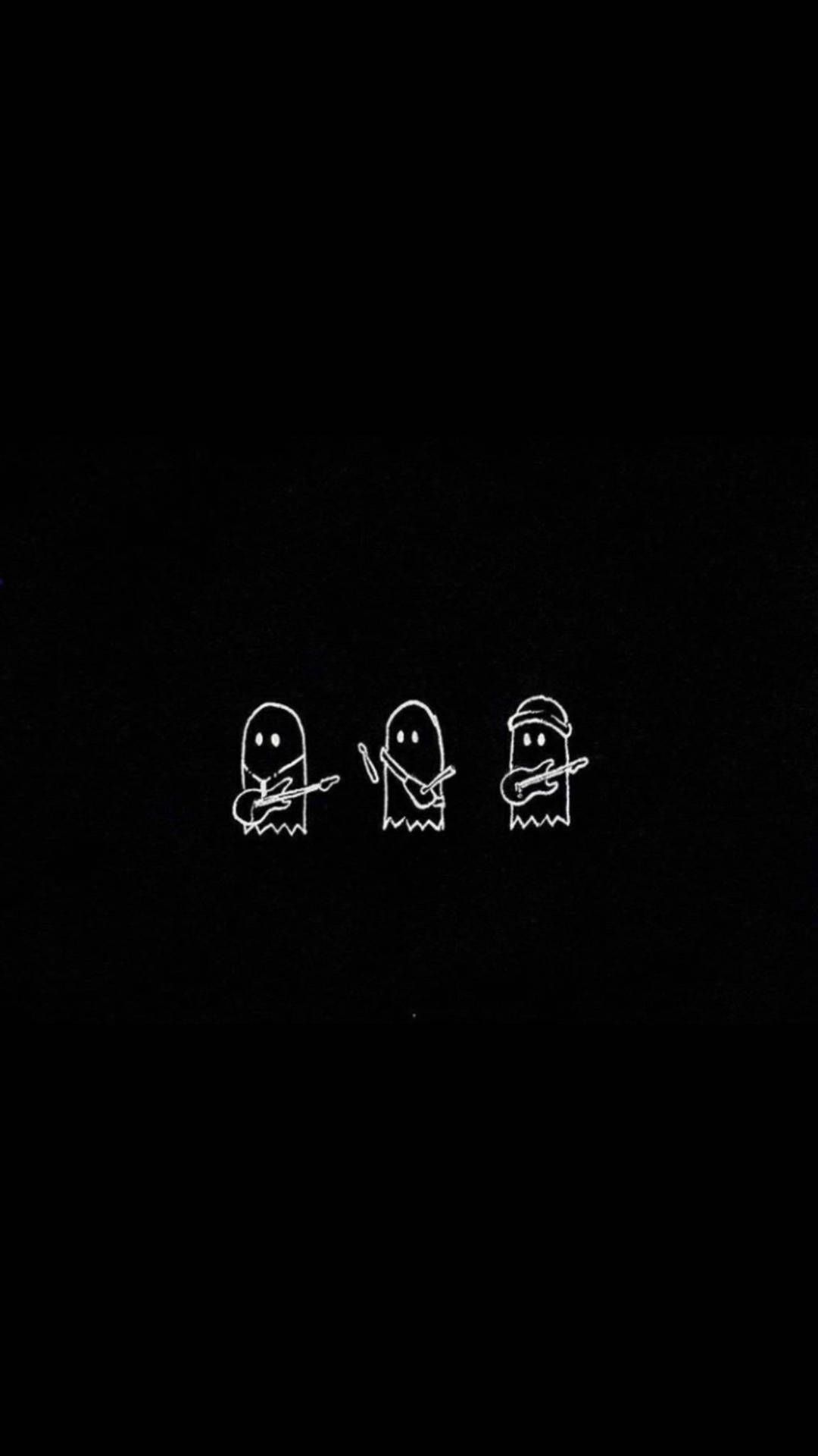 A black wall with three white drawings on it - Ghost