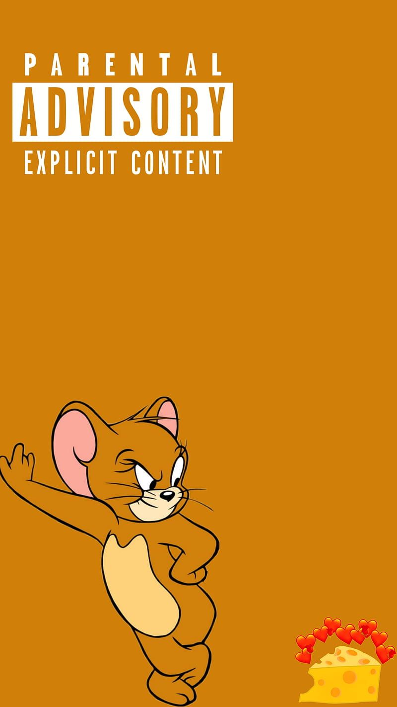 Jerry cartoon with parental advisory warning on an orange background - Tom and Jerry