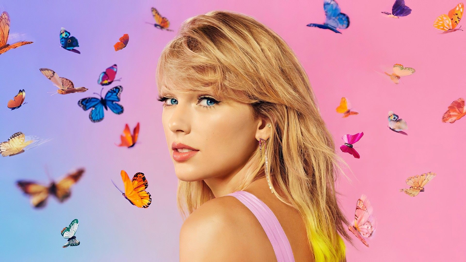 Taylor Swift With Blue Eyes And Butterflies On Background HD Taylor Swift Wallpaper