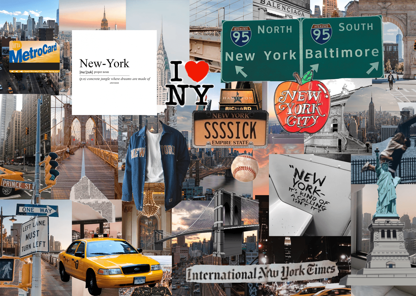 A collage of images of New York City, including the Brooklyn Bridge, taxi cabs, and billboards. - New York