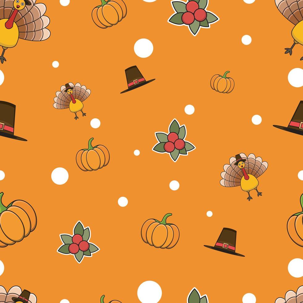 Cute seamless Country Fall patterns for Wallpaper and Wall Design With Turkey Bird, Hat, Pumpkins and Cherrys