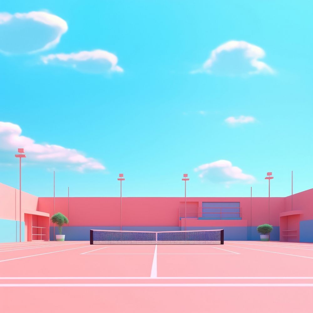 A pink and blue tennis court with a blue sky - Tennis