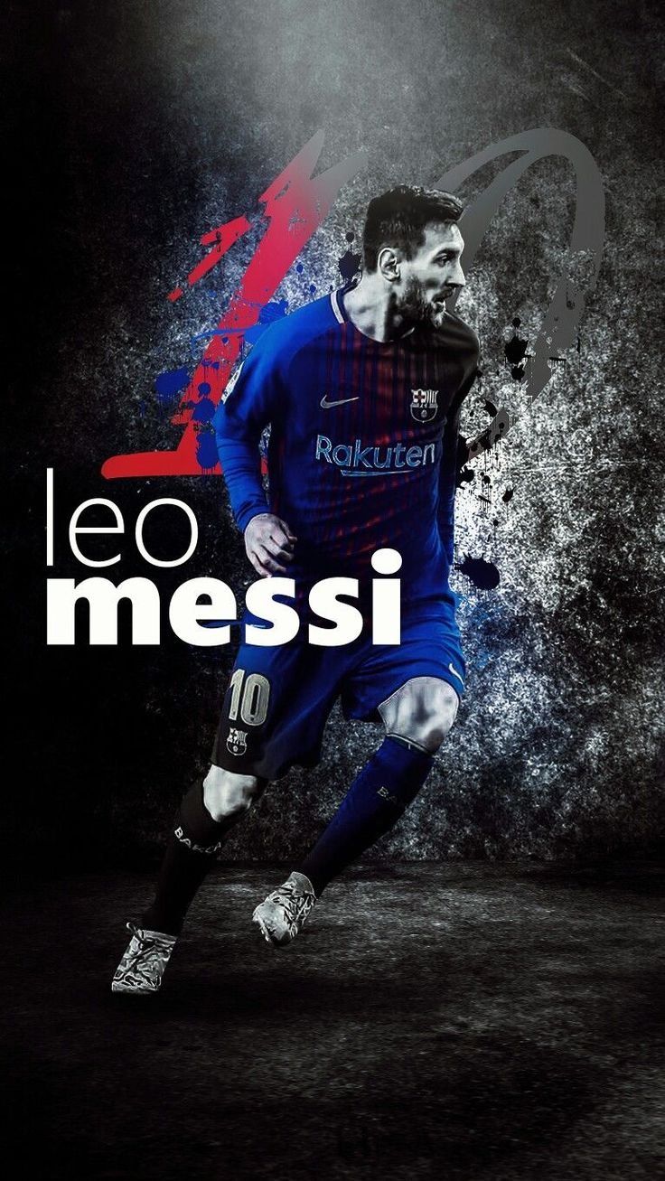 A black and blue soccer poster of Lionel Messi with the number 10 on his shorts. - Messi