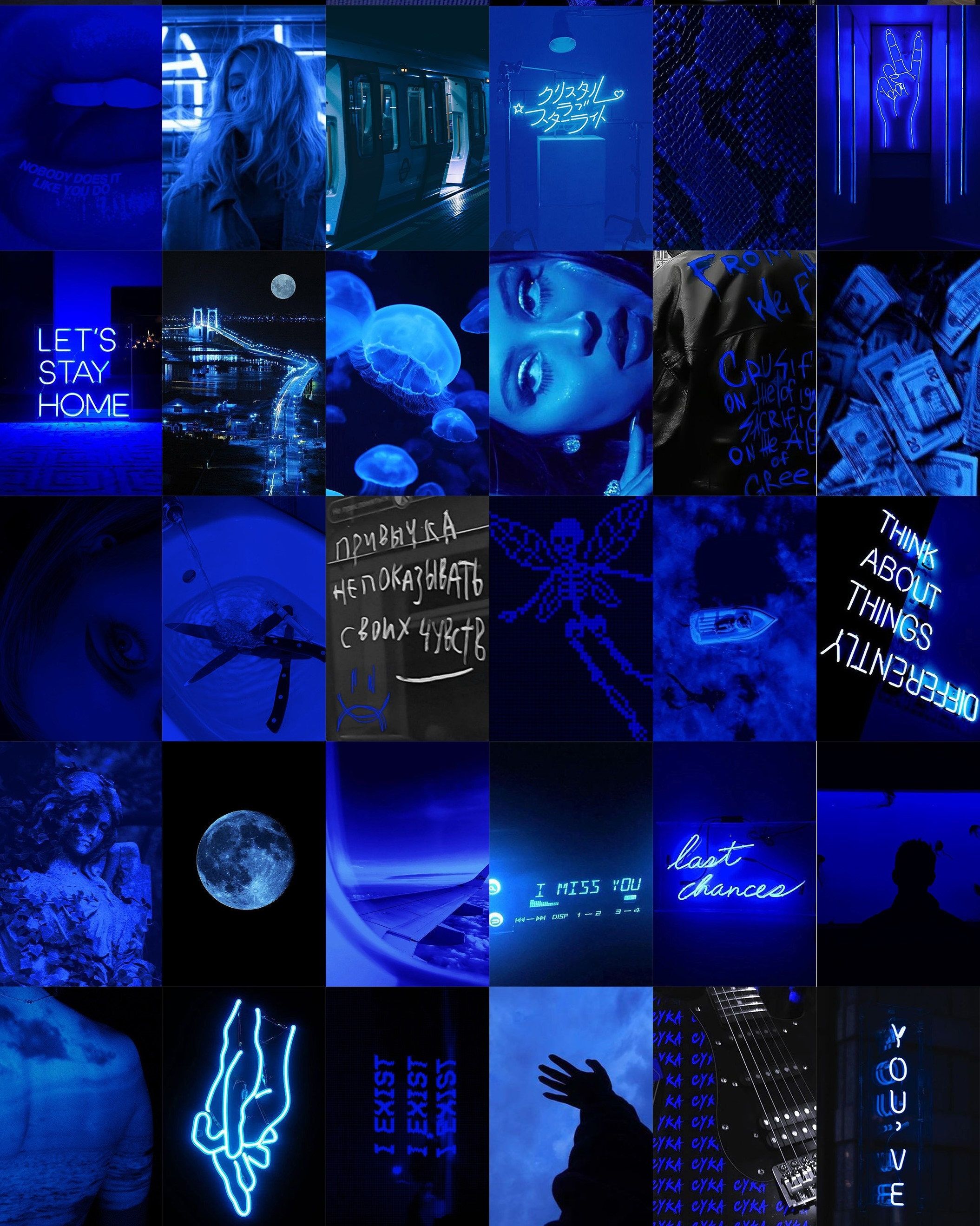 Aesthetic blue background with neon signs, moon, and butterfly. - Neon blue