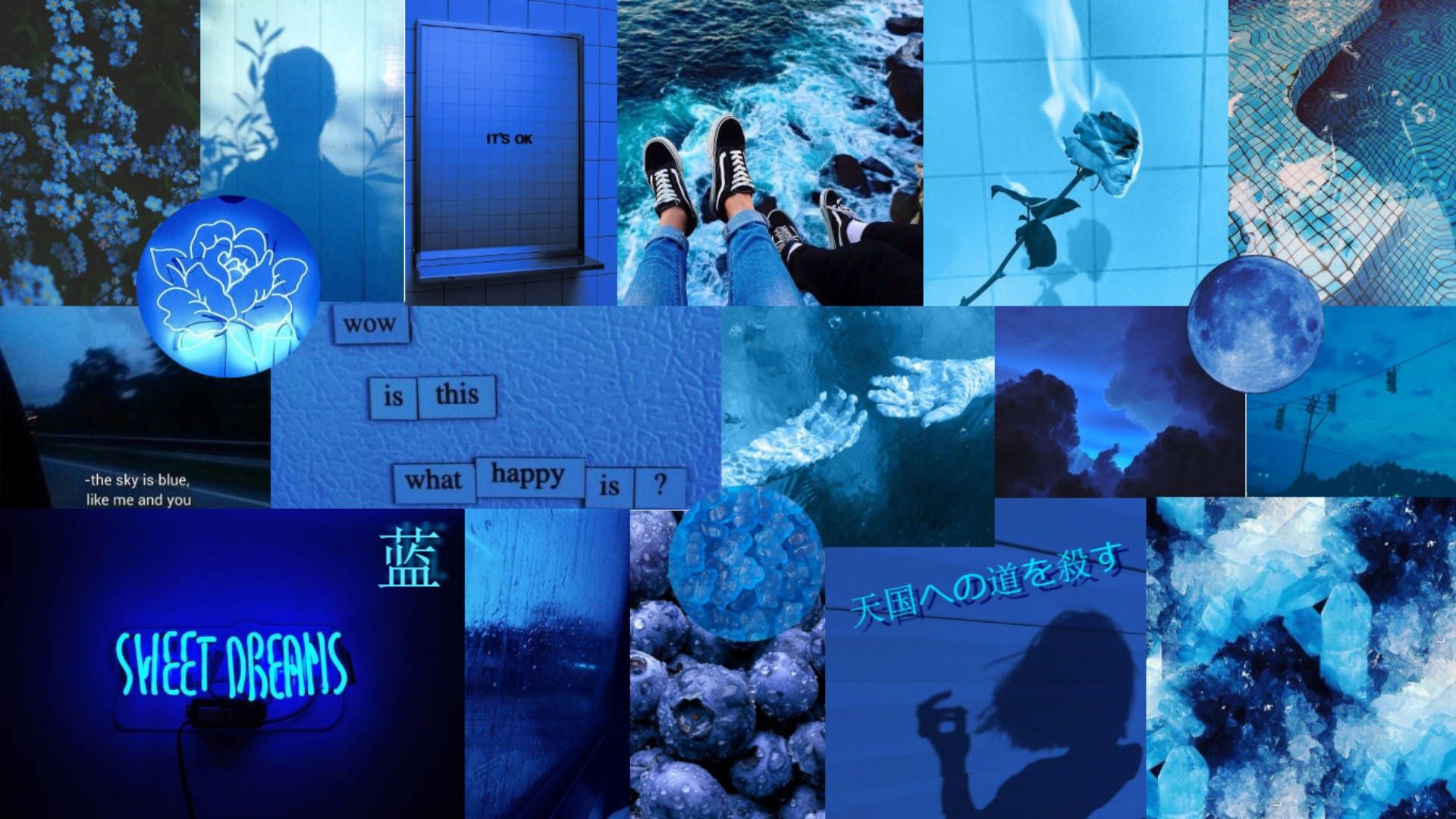 A blue aesthetic wallpaper collage with a mix of pictures - Neon blue