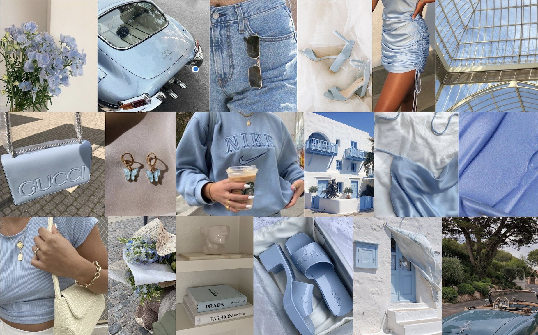 A collage of different blue aesthetic photos including a car, flowers, a coffee cup, and a bag. - Light blue, pastel blue