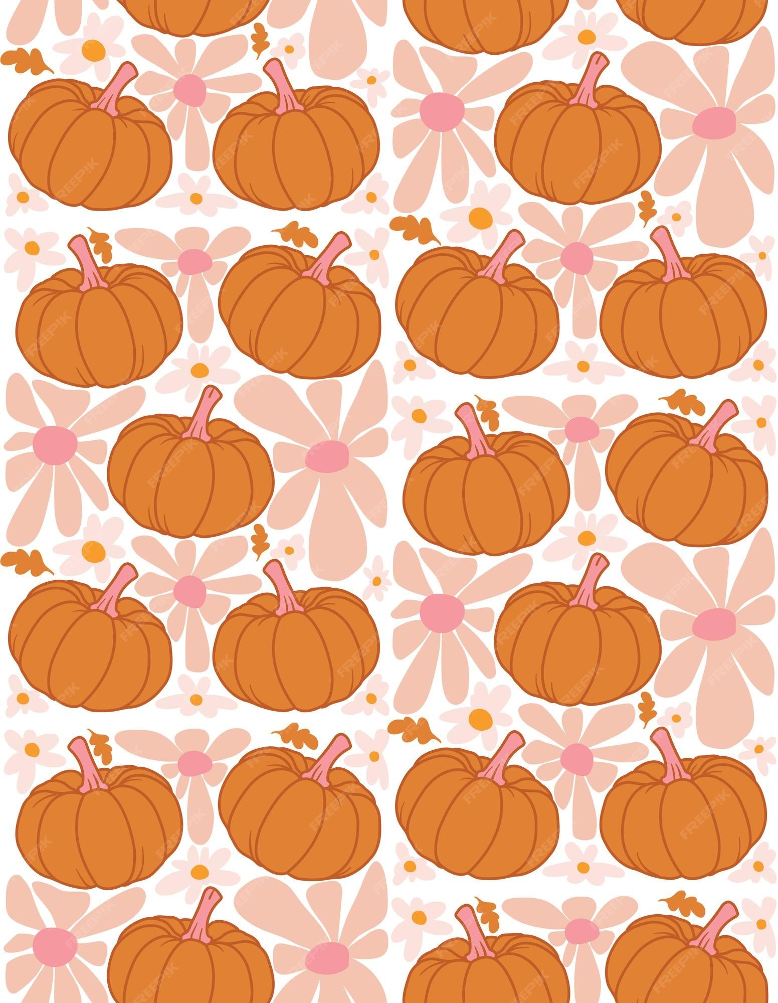 Premium Vector. Cute autumn pumpkin and flower in groovy style seamless pattern design for fashion fabric textile wallpaper cover web wrapping and all prints