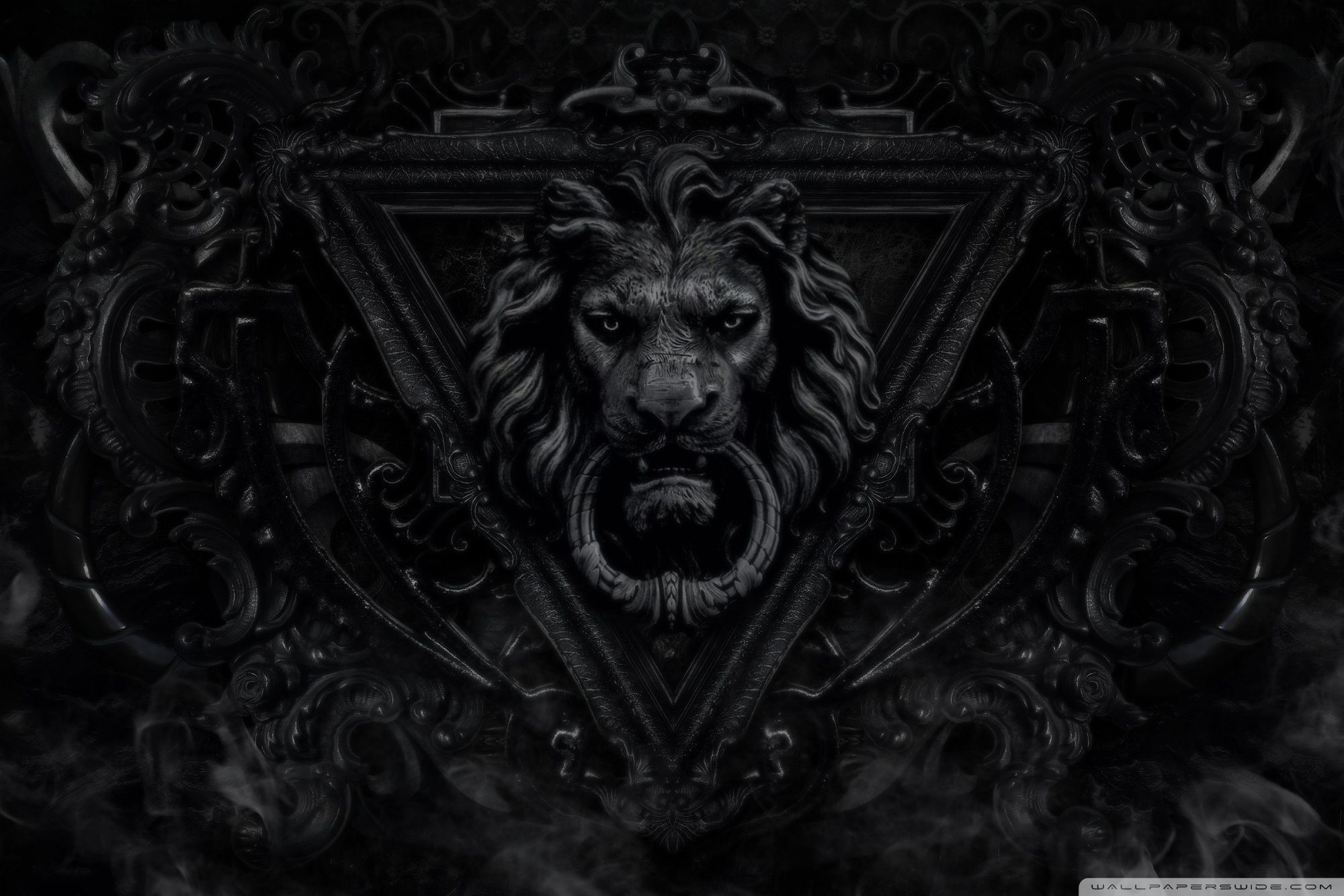 A black and white wallpaper of a lion head with a triangle behind it - Lion