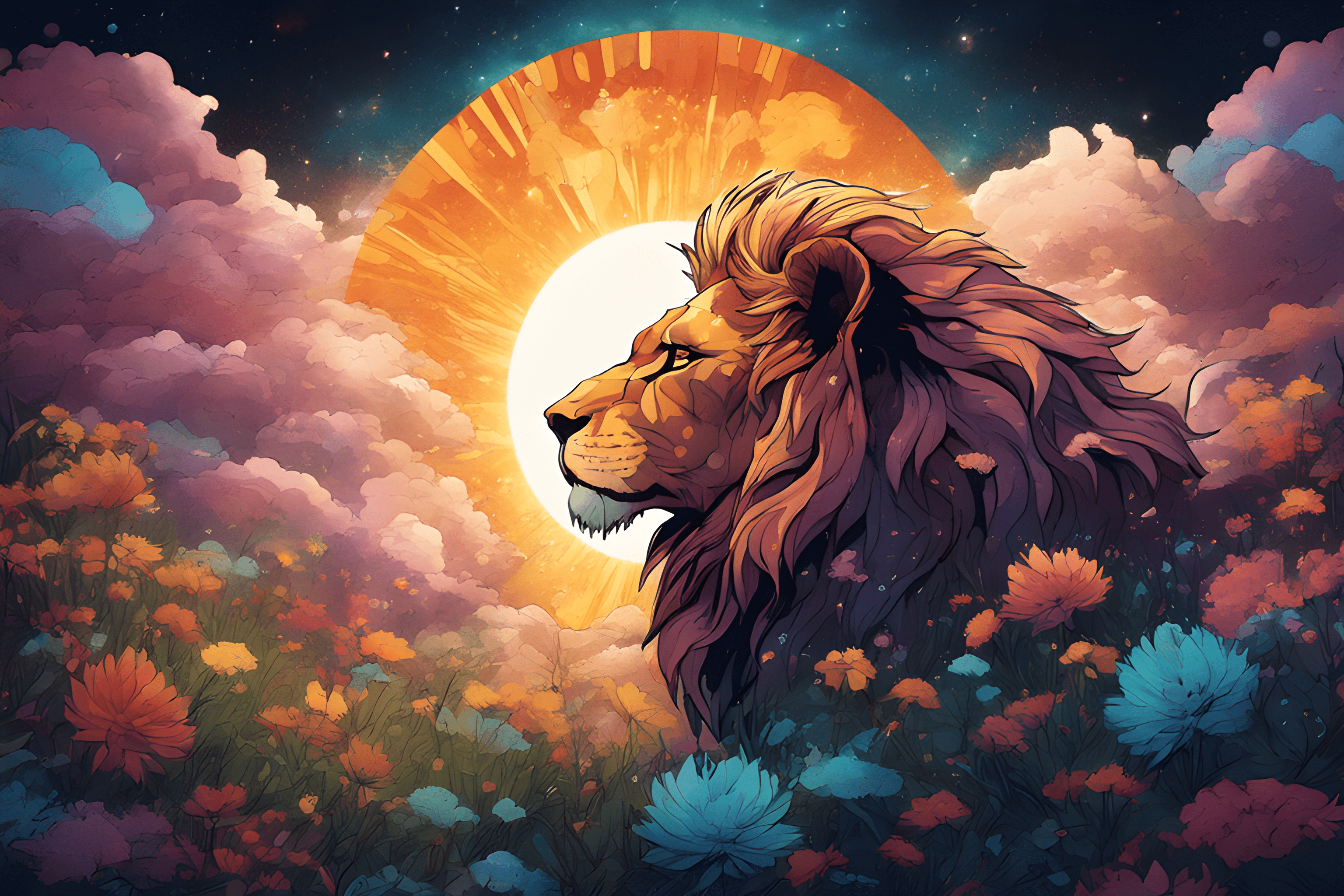 A lion standing in a field of flowers - Lion