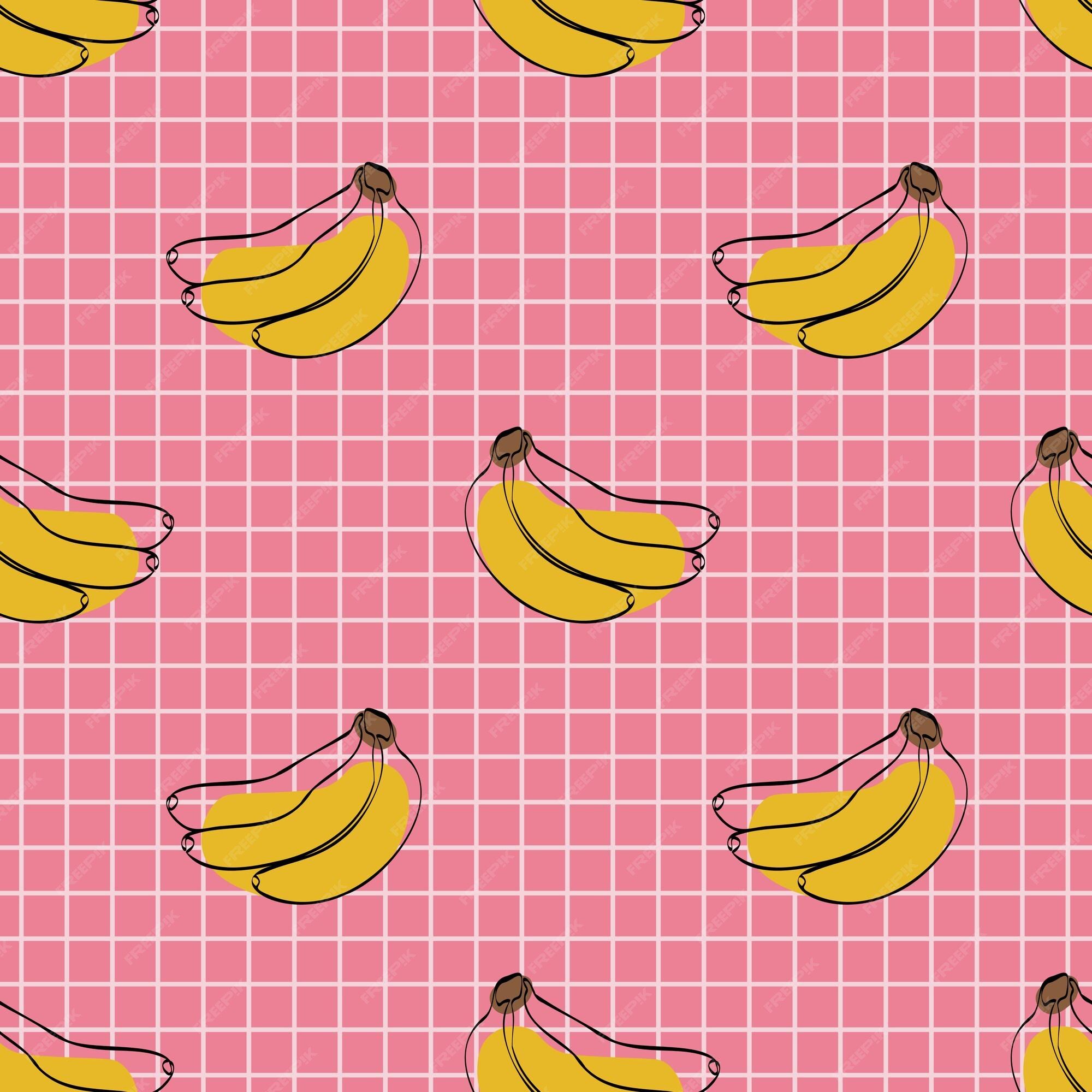Premium Vector. Seamless pattern with banana on pink background continuous one line drawing banana black line art on pink background with colorful spots vegan concept