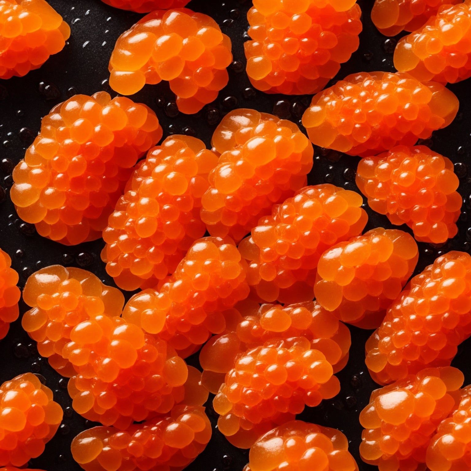 A close up of orange caviar on a black background - Salmon