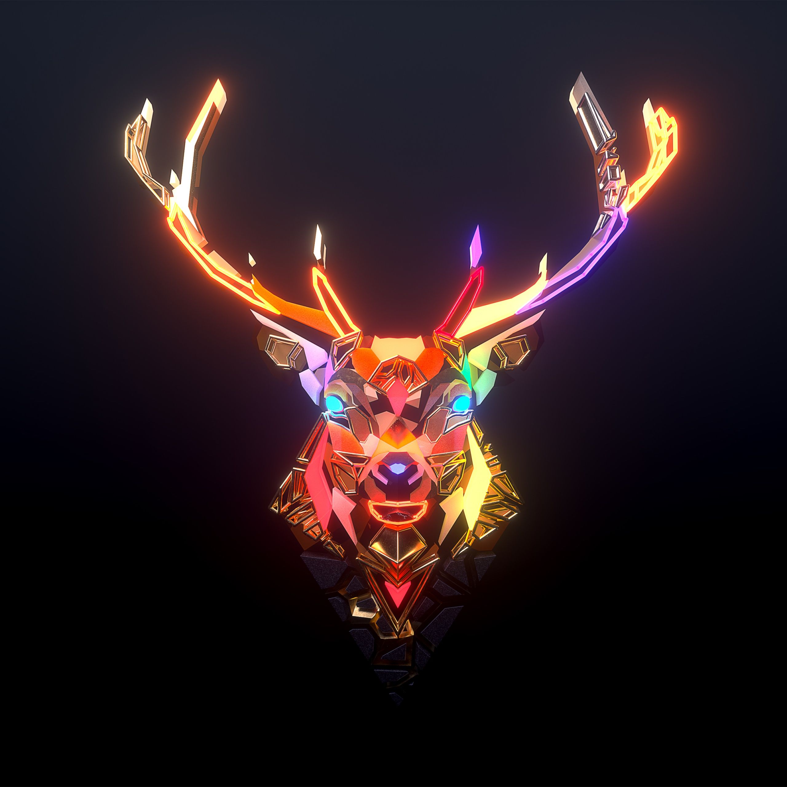 A low poly illustration of a deer head with glowing eyes and antlers - Deer