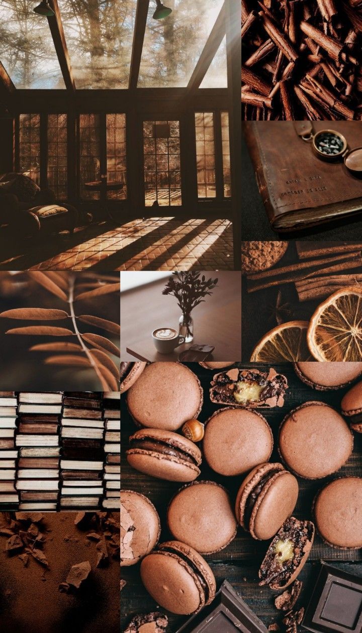 Aesthetic background with books, macarons, chocolate, and a cozy cabin. - Chocolate