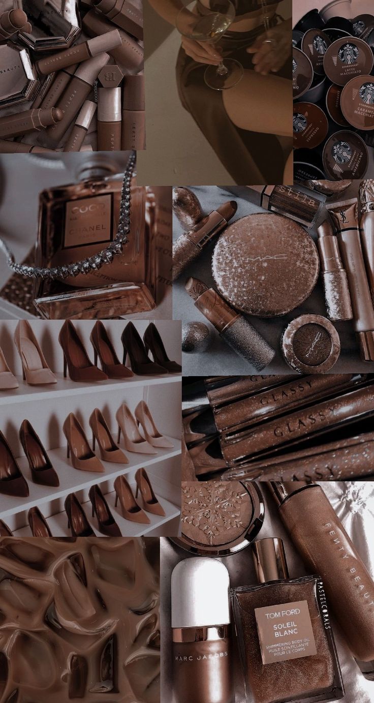 Aesthetic collage of brown makeup, shoes, and accessories. - Chocolate