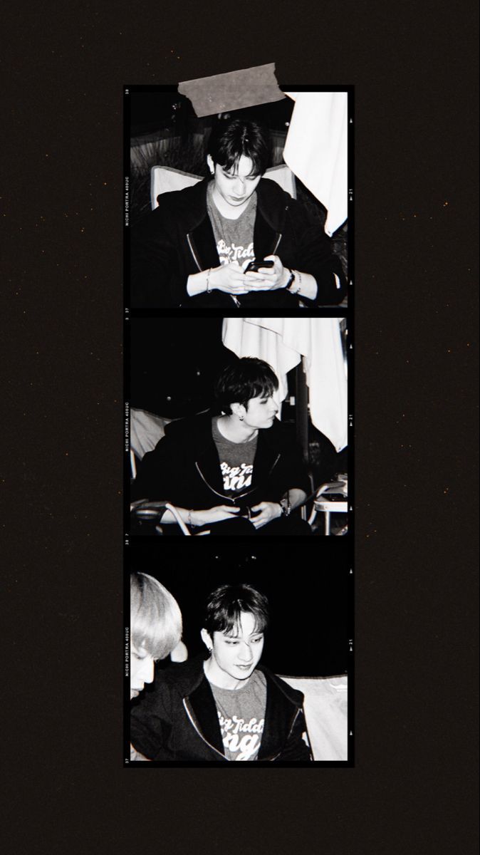 A black and white picture of three photos of a young man - Bang Chan